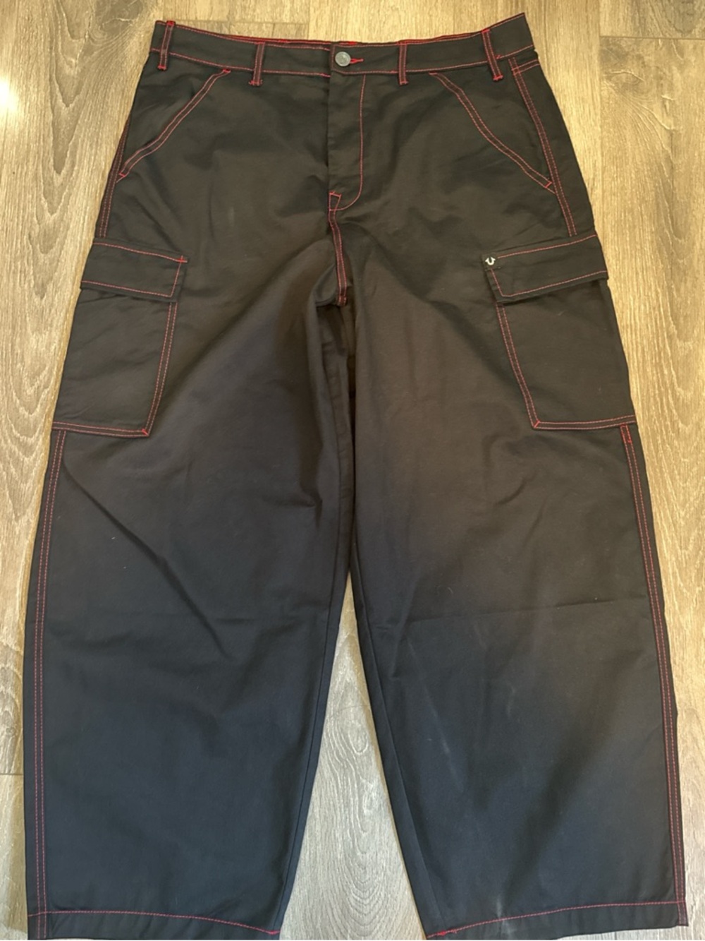 Men's Black Cargo Pants with Red Stitching - Picture 1 of 3